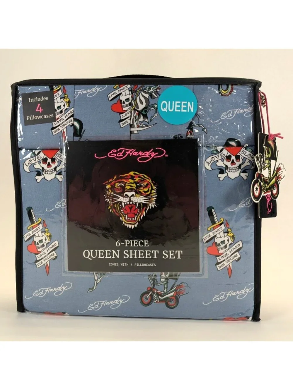 Ed Hardy Queen Sheet Set 6-Piece w 4 Pillowcases Blue Skull Cross Sheets - NEW